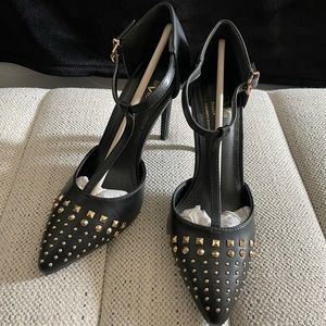 Black and gold closed toe sandals